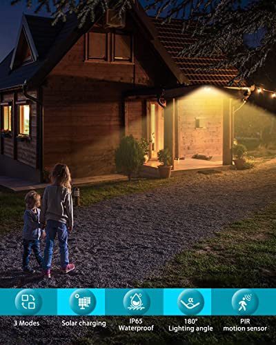Solar Lights Outdoor 4 Pack, 140LED/3 Modes Motion Sensor Outdoor Lights Solar Powered, Wireless IP65 Waterproof Solar Lights Outside Bright for Deck Steps Fence Patio Front Door Pathway, Warm White
