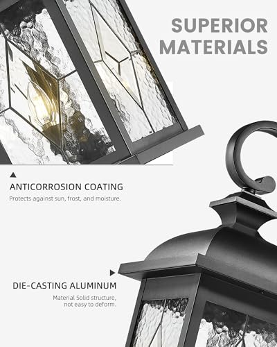 FEMILA 3-Light Outdoor Wall Light, 26" Large Exterior Wall Lantern with Water Ripple Glass, Porch Light for Entryway, Patio, Garage, and Doorway, E12 Base, 4FD54B-L SD BK