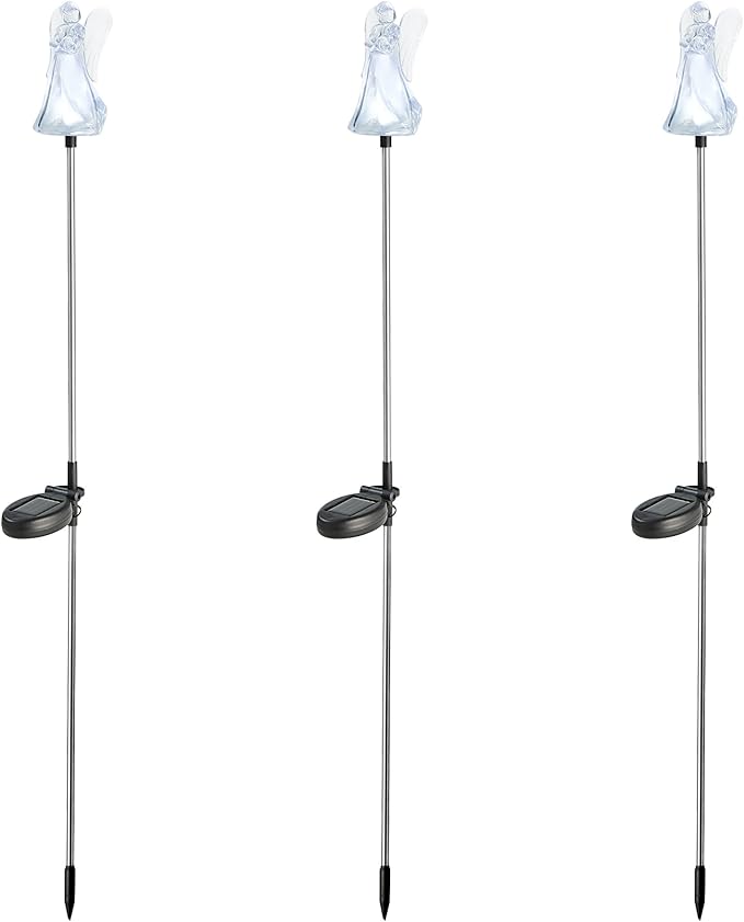 Glitzhome Solar Lights Outdoor 3 Pack Solar Angel Stake Lights with Stainless Steel Pole for Garden Deck Patio Landscape Decorating
