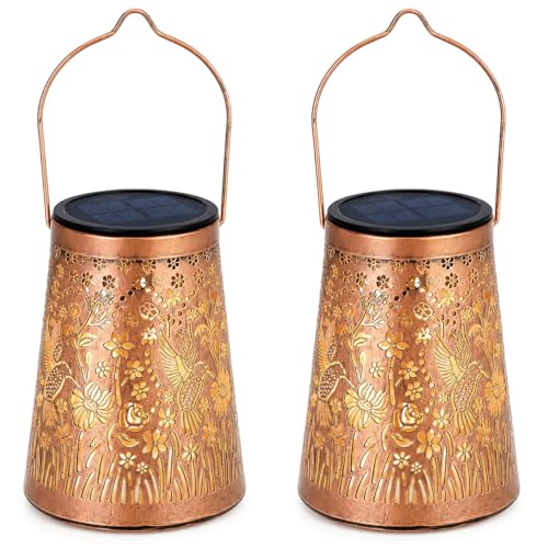 LeiDrail Hummingbird Solar Lanterns, Hanging Garden Lights, 2 Pack, Copper