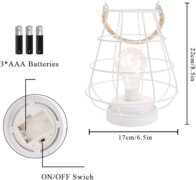 JHY DESIGN Decorative Cage Bulb Lamp Battery Powered Lights 8.5" Tall Cordless Accent Light with Edsion Style Bulb Great for Weddings Parties Patio Events for Indoors Outdoors(White)