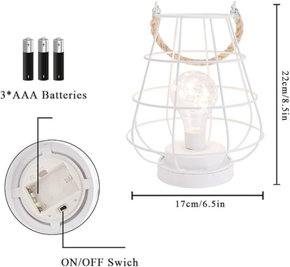 JHY DESIGN Decorative Cage Bulb Lamp Battery Powered Lights 8.5" Tall Cordless Accent Light with Edsion Style Bulb Great for Weddings Parties Patio Events for Indoors Outdoors(White)