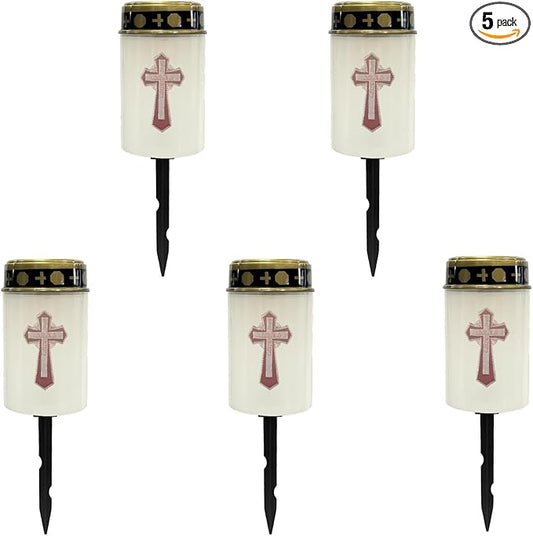 Cross Cemetery Solar Lights for Grave - Stake Landscape Lighting, Flameless Lantern, Waterproof Garden and Outdoor Lights - Warm White
