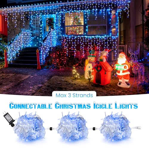 Toodour White & Blue Christmas Icicle Lights, 29.5ft 360 LED Icicle Lights, 8 Modes, 60 Drops, Window Curtain Led Christmas Light, Icicle Twinkle Light for Eaves, Party, Wedding, Xmas Decorations