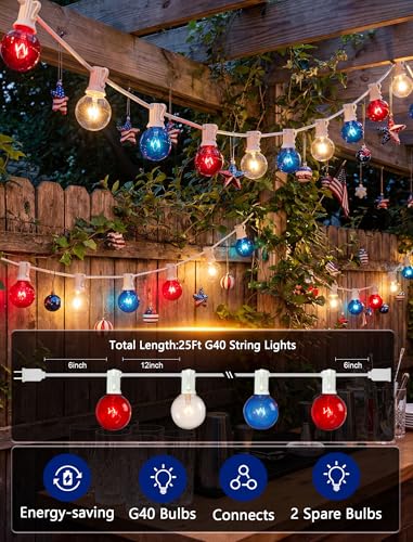 4th of July Decorations String Lights, 25Ft Outdoor Patio String Lights with 27 G40 Red White and Blue Light Bulbs(2 Spare), Independence Day Lights for Patriotic Party Garden Festival Decor- White