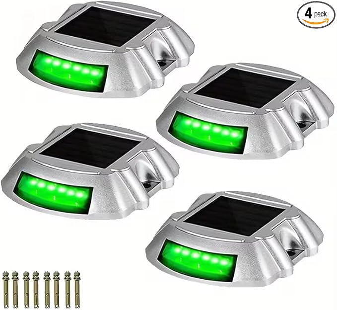 ikaufen Solar Driveway Lights, Solar Deck Lights Outdoor, Waterproof Dock Lights, Bright Blue/Green, 12 LED, with Screw, for Path Warning Garden Walkway Sidewalk Steps (4, Green)