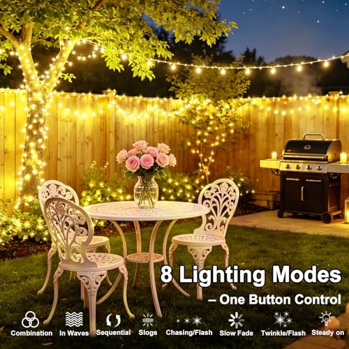 KNONEW 203FT 600LED Solar Fairy String Lights Outdoor Warm White 8 Modes