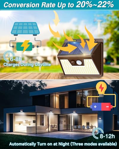 kolpop Solar Lights Outdoor 1 Pack, 140LED/3 Modes Motion Sensor Lights Solar Powered, Wireless IP65 Waterproof Wall Lights Outdoor Lights, Bright for Deck Fence Patio Front Door, White Light (Brown)