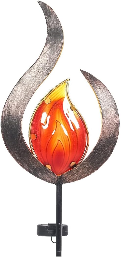 Asense Outdoor Metal Sculpture Art Decor Garden Solar Lights Pathway Stake, Solar Powered LED Lights for Lawn Patio Courtyard, Flame Shape