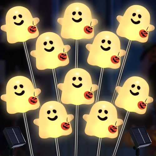 Solar Halloween Ghost Pathway Lights, 10 Pack Ghost Stake Lights with Pumpkin Design, Durable Waterproof Outdoor Halloween Decoration for Garden, Walkway, and Yard (Warm White)