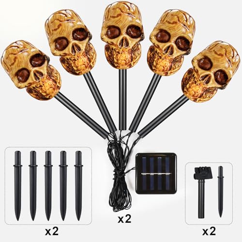 BRIGHTDECK Halloween Solar Pathway Lights Outdoor, LED Decor, Light Up Solar Stake Lights for Holiday, Halloween, Walkway, Sidewalk (Skull, 10-Pack)