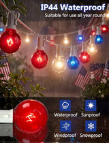 4th of July Decorations String Lights, 25Ft Outdoor Patio String Lights with 27 G40 Red White and Blue Light Bulbs(2 Spare), Independence Day Lights for Patriotic Party Garden Festival Decor- White