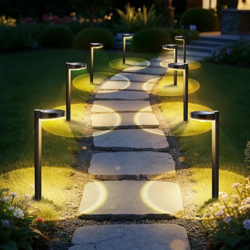 APONUO 8 Pack Solar Pathway Lights Outdoor, 3 Color Temperatures Selectable CCT, Focused Ground Spot Lens, Brighter Up to 12 Hrs IP65 Waterproof Path Lights for Walkway Driveway Yard Garden, Black