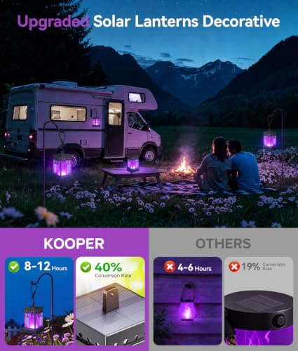 KOOPER Hanging Solar Lanterns Outdoor Waterproof, 2PCS Flickering Flame Hanging Solar Lights for Outside, Outdoor Solar Lanterns up to 12 Hours, Lanterns Decorative for Patio Yard Decor (Purple Light)