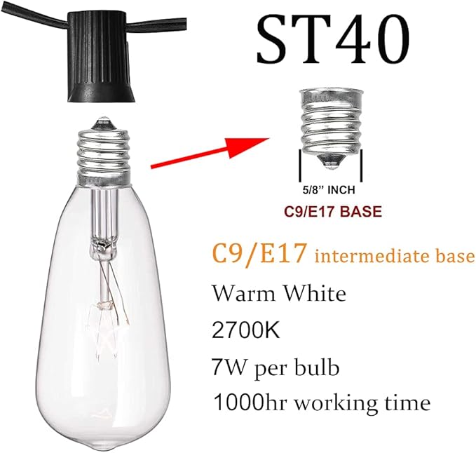 10Ft Outdoor String Lights Waterproof, Hanging Patio Lights with 11 Edison Bulbs (1 Spare), ST40 Vintage Edison | Lumora