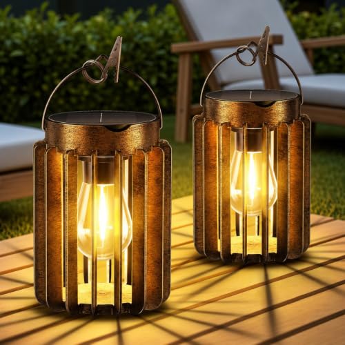 2 Pack Solar Lanterns Outdoor Waterproof, Retro Hanging Lantern, Bronze