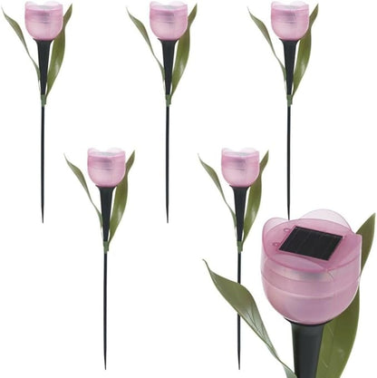 anso 6pcs Garden Tulip Flower Shape LED Solar Powered Lights Outdoor Yard Standing Decors (Pink)