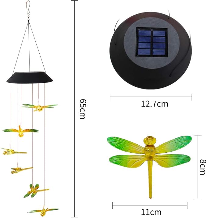 Solar Mobile Lights Hanging Wind Chime, Color Changing Outdoor Solar Garden Decorative Lights for Walkway Pathway Backyard Decoration Parties (Yellow Dragonfly)