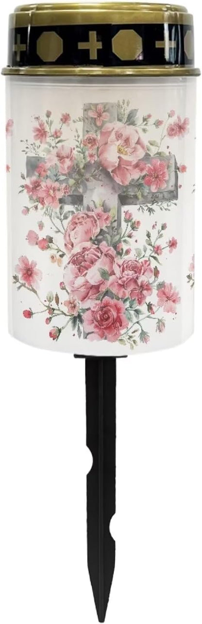 GLENLCWE Rose Cross Solar Cemetery Light Outdoor Solar Lights Flameless LED Candle Grave Lamp Waterproof Solar Pathway Lights for Cemetery Memorial Gift