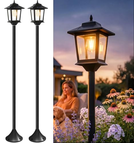 Solar Post Lights Outdoor, 2-Pack 63" Solar Lamp Posts Waterproof with 1 Replaceable Bulb, Warm White Dusk to Dawn Pole Lights for Garden, Patio, Pathway