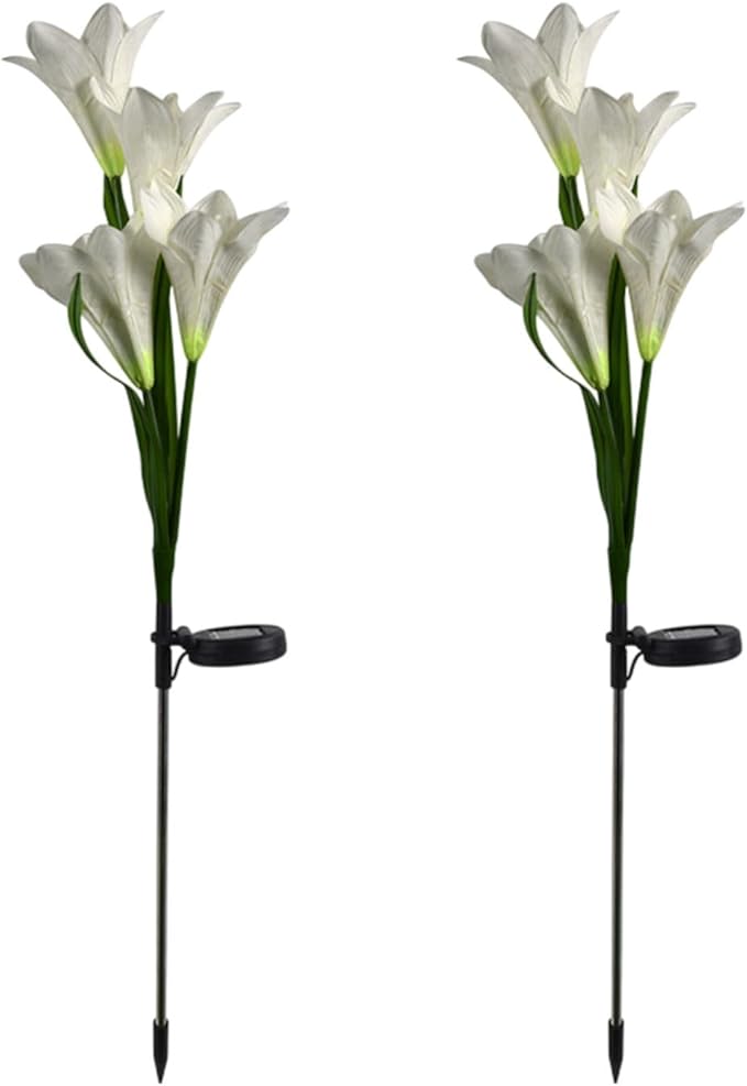 Outdoor Solar Lights, 2 Pack Solar Garden Lights with Lily Flowers, Waterproof Garden Light Outdoor - Yard Decorations for Patio Yard Decoration (White)