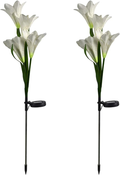 Outdoor Solar Lights, 2 Pack Solar Garden Lights with Lily Flowers, Waterproof Garden Light Outdoor - Yard Decorations for Patio Yard Decoration (White)
