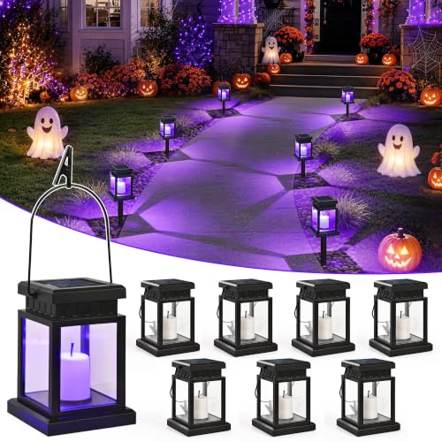 GIGALUMI 8 Pack Solar Halloween Lanterns Outdoor, Candle Lights with Stakes