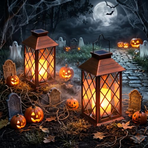 TAKE ME 14" Solar Lanterns Outdoor Garden Lantern Waterproof LED Flickering Flameless Candle Mission Lights for Table,Outdoor,Party