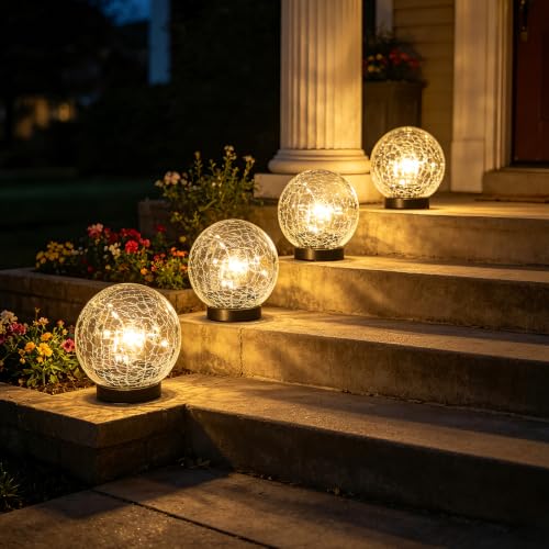 4 Pack 4.72" Warm White Solar Powered Cracked Glass Globe LED Light