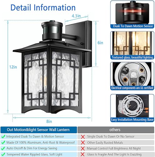 Dusk to Dawn Motion Sensor Light, Outdoor Light Fixture, Aluminum Wall Sconce Lighting, Front Porch Light, Exterior Lights for House Patio, Outside Lights, Wall Mount Anti-Rust Lantern