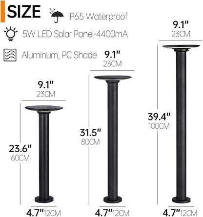 Solar LED Landscape Lighting Round Solar Pathway Light Black Aluminum Housing Path Bollard Lights with IP65 Waterproof Warm Light Cylinder Outdoor Floor Lamp for Drivway Porch Patio
