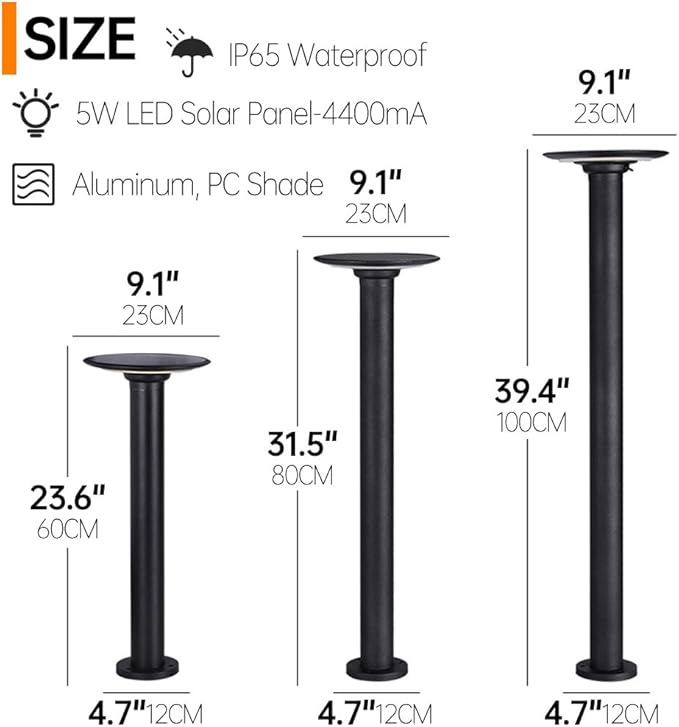 Solar LED Landscape Lighting Round Solar Pathway Light Black Aluminum Housing Path Bollard Lights with IP65 Waterproof Warm Light Cylinder Outdoor Floor Lamp for Drivway Porch Patio
