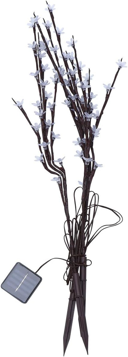 Solar Cherry Blossom Branch LED Path Lights with Battery, 3-Head Solar Garden Lawn Lamps for Outdoor Landscape and Yard Lighting, White Light