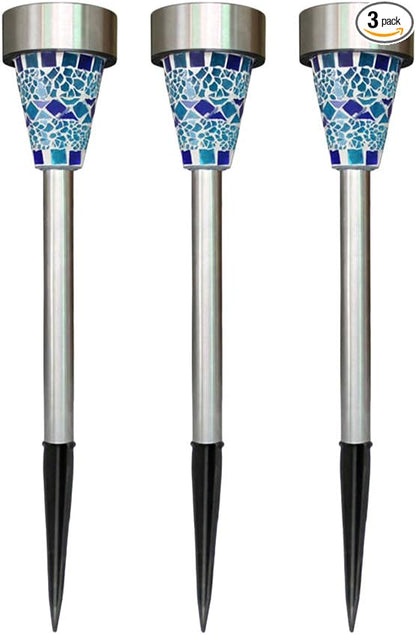 Uonlytech Solar Lawn Lamp, Solar Power Stainless Steel Mosaic Lawn Lamp, Solar Garden Lights for Yard Walkway Lawn Patio Driveway(3 Pcs,Blue,White Light)
