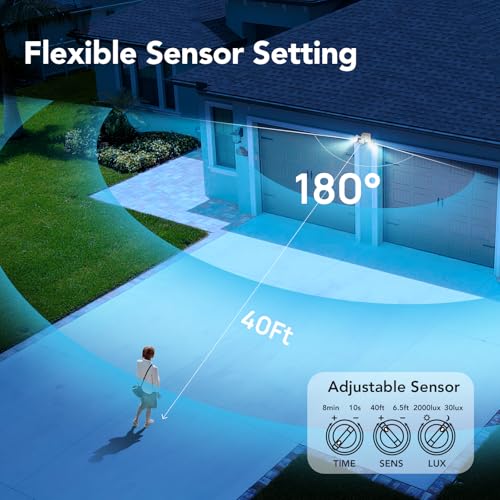 OREiN Motion Sensor Outdoor Lights, 450° Superwide Adjustment Dimmable Dusk to Dawn Flood Lights Outdoor, 5000K/12W (150W Equiv) Outside LED Security Lights IP65, White (Hardwired)
