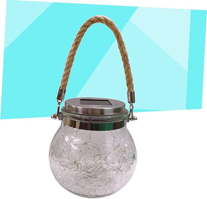 YARNOW Solar Powered Hanging Light Decorative Crackle Glass Jar Lamp for Outdoor Garden Lawn and Patio with Blue Led Light