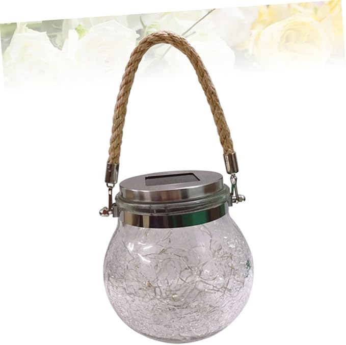 YARNOW Solar Powered Hanging Light Decorative Crackle Glass Jar Lamp for Outdoor Garden Lawn and Patio with Blue Led Light