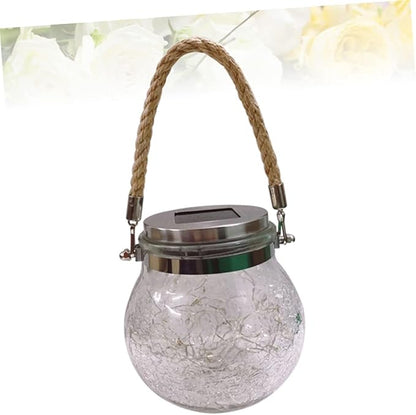 YARNOW Solar Powered Hanging Light Decorative Crackle Glass Jar Lamp for Outdoor Garden Lawn and Patio with Blue Led Light