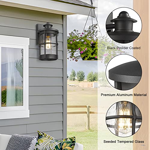 Outdoor Wall Sconces, Outdoor Wall Lights, Exterior Wall Mount Lighting, Wall Light Fixture in Black Finish with Seeded Glass (Black, 2 Pack)