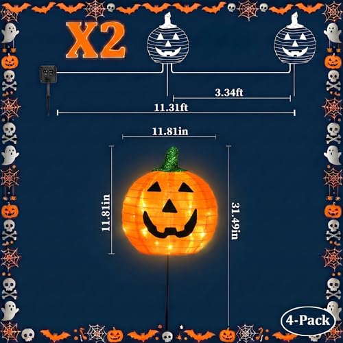 BRIGHTDECK Halloween Solar Pathway Lights Outdoor, LED Decor, Light Up Solar Stake Lights for Holiday, Halloween, Walkway, Sidewalk (Foldable Pumpkin, 4-Pack)
