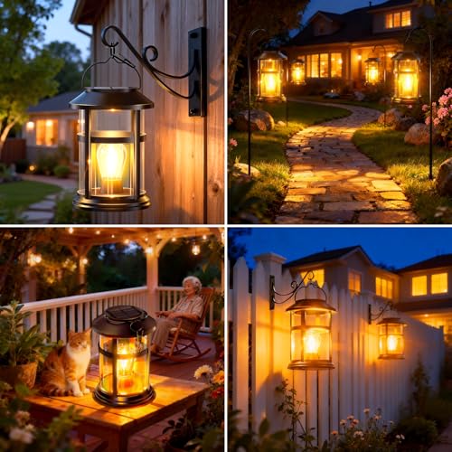 GARPAR Solar Lanterns Outdoor Waterproof with Wall Mount Kit, Upgraded Brighter Hanging Solar Lights for Outside, Auto On/Off Solar Powered Lantern for Garden Yard Patio Porch Decor, Gift for Mom