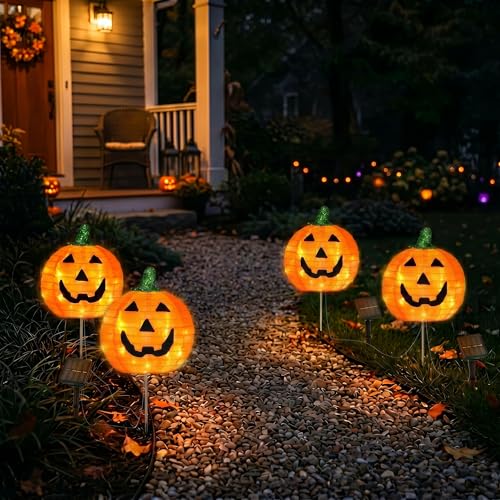 BRIGHTDECK Halloween Solar Pathway Lights Outdoor, LED Decor, Light Up Solar Stake Lights for Holiday, Halloween, Walkway, Sidewalk (Foldable Pumpkin, 4-Pack)