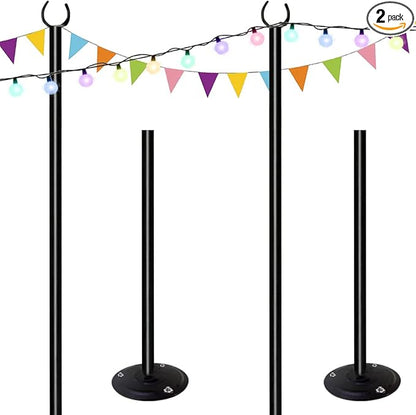 10ft String Light Poles for Hard Surfaces, Light Poles for Outdoor String Light, Perfect for Garden, Backyard, and Patio Lighting Stand for Parties, Wedding - Matte Black Finish - 2 Pack