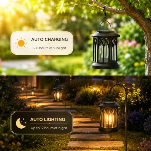 Solar Lanterns Outdoor Waterproof 2 Pack, Hanging Solar Lights with 2700K Warm LED Light, IP65 Solar Powered Lanterns with Clip, Auto On/Off Outdoor Lanterns for Garden Patio Yard Porch Decor