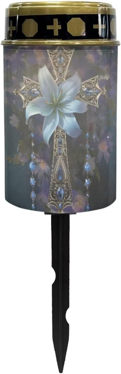 Cross Lily Solar Garden Lights Outdoor Decorative Cross Solar Stake Lights Waterproof Warm White LED for Remembrance Gifts & Sympathy Gifts