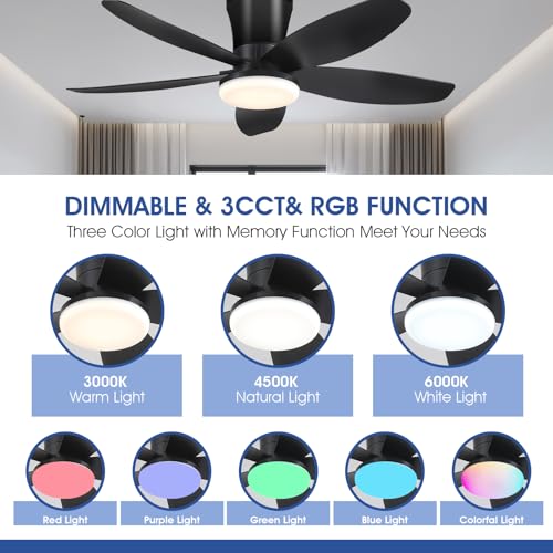 Surtime Flush Mount RGB Ceiling Fans with Lights-36 Low Profile Ceiling Fan with Light and Remote/APP Control,DC Reversible,LED Dimmable Blakc Ceiling Fans for Bedroom,Indoor/Outdoor Patio Use