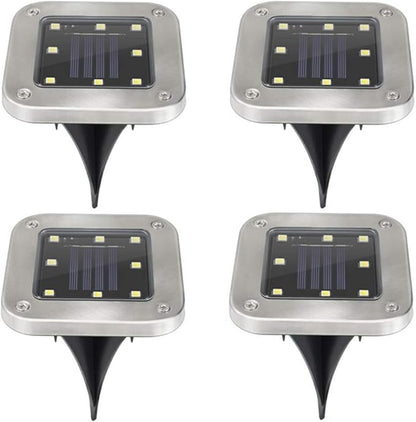 Solar Ground Lights 8 LED Disk Light Solar Powered Outdoor in-Ground Lights for Outdoor Garden Lawn Yard Walkway Pool Patio Deck Pathway,4 Pack,White,Square/Rectangle Shape,Silver Finish