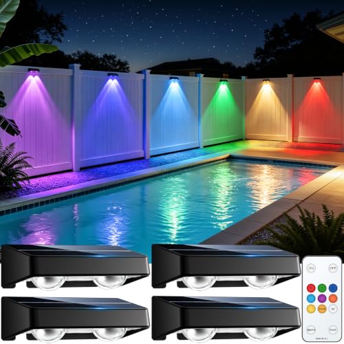 Solar Fence Lights Outdoor with Remote, 4 Pack 9 Colors & 11 Lighting Modes Fence Lights Solar Powered Waterproof IP65 Color Changing Solar Lights for Fence Garden Yard Patio Deck Step Wall