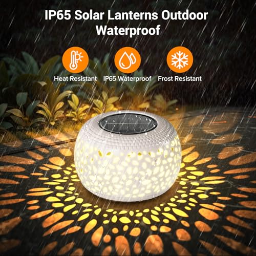 Solar Lanterns Outdoor Waterproof Lights: 2Pack White Hollow Out Metal Table Light, Outside Garden Yard Balcony Indoor Tabletop Lighting Decorations, Unique Gardening Gifts for Women Mom