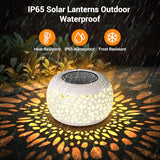 Solar Lanterns Outdoor Waterproof Lights: 2Pack White Hollow Out Metal Table Light, Outside Garden Yard Balcony Indoor Tabletop Lighting Decorations, Unique Gardening Gifts for Women Mom